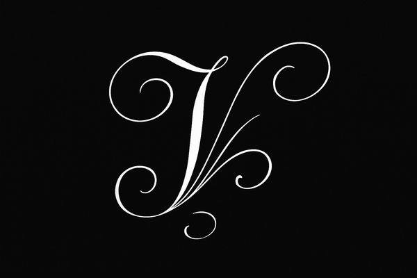 black background white calligraphy letter V